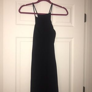 asymmetrical high neck black midi dress